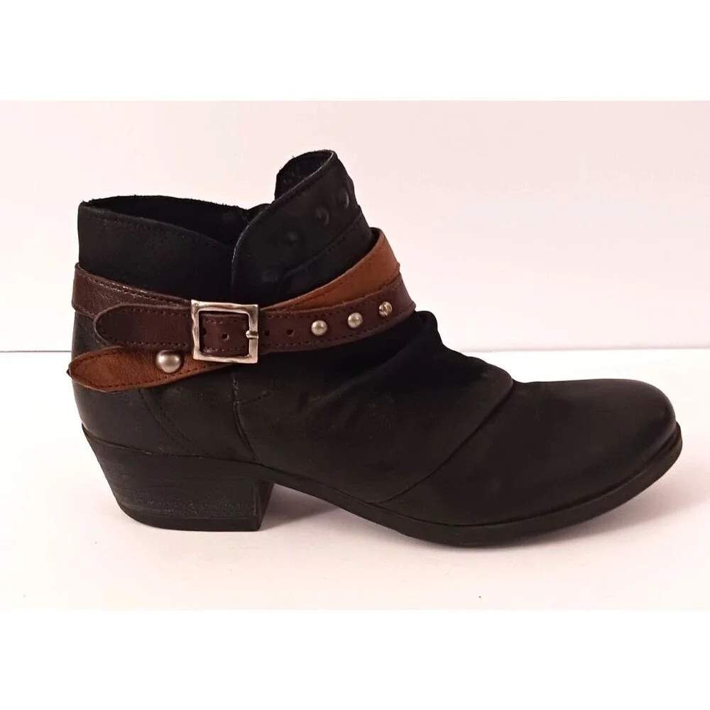 Miz Mooz Bucky Blk Leather Ankle Boot Stud Harness Strap EU 40 US 9